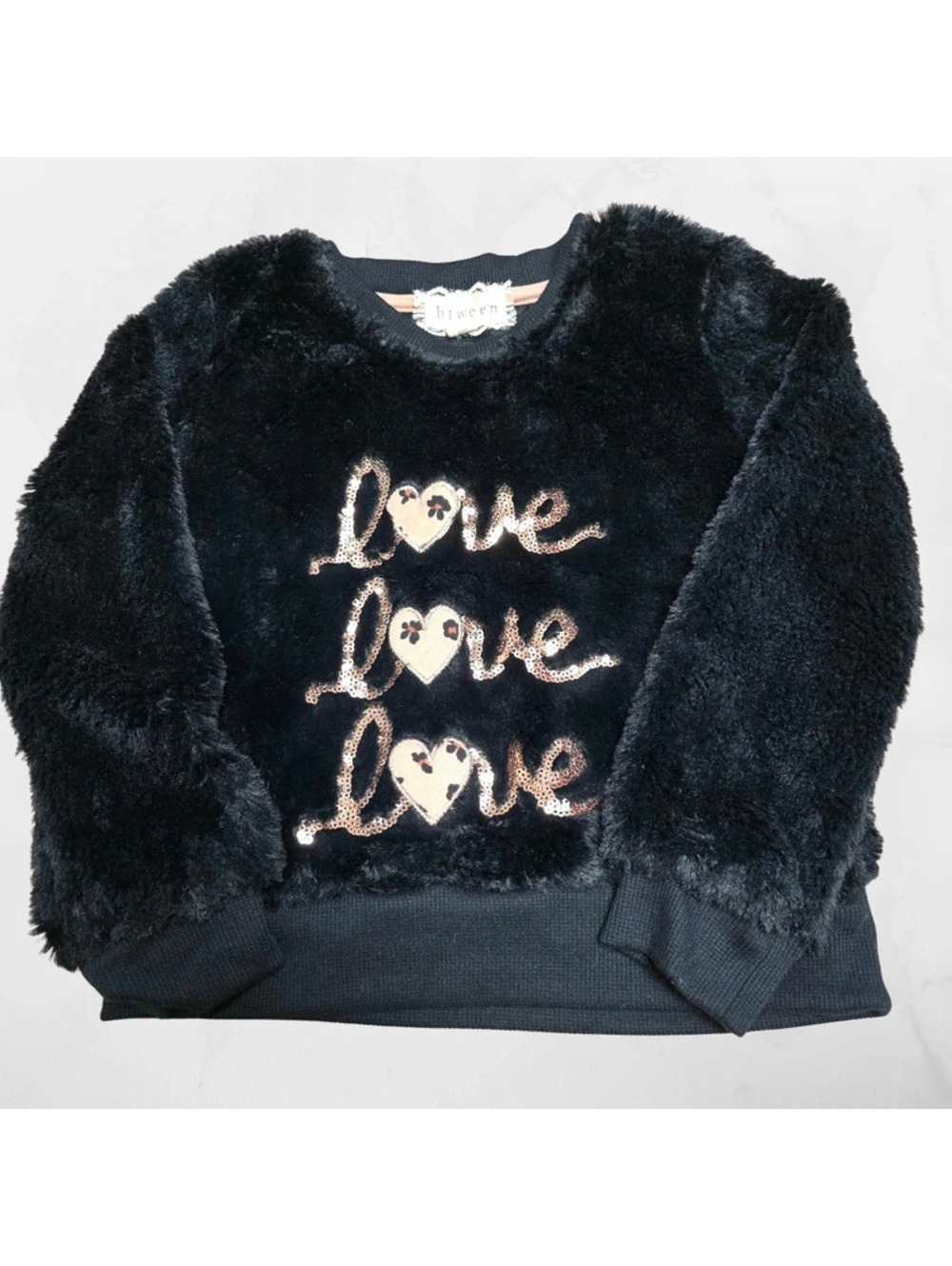 Btween Girls Black Faux Fur Fuzzy Love Sequin Sweatshirt Size 4 EUC
